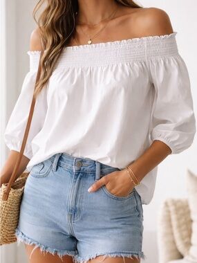 Theory White Off-Shoulder Smocked Blouse